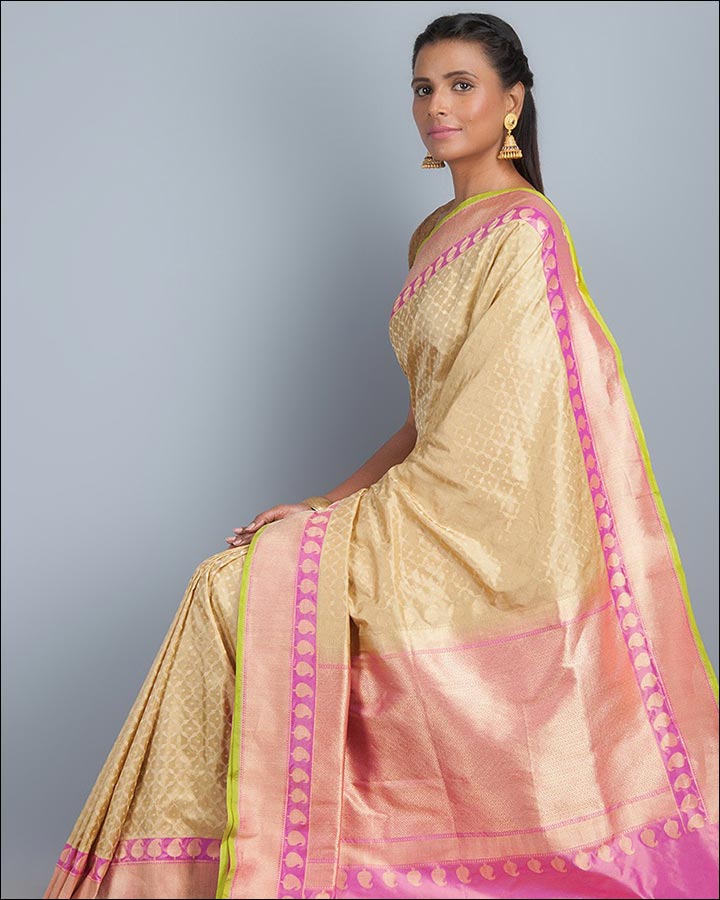sandal colour saree with pink border